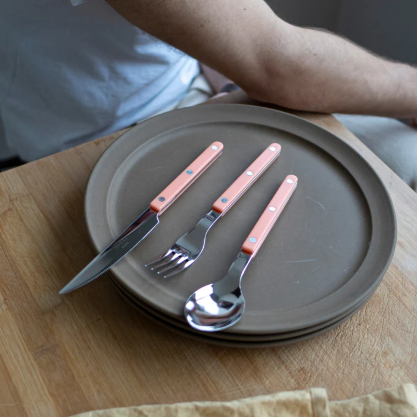 Shown on a plate Sabre Paris Bistrot Dinner Fork nude pink - 22cm stainless steel fork with durable nylon handle and visible rivets. Inspired by classic cafés and bistros, combining traditional charm with modern colors and finishes. Dishwasher-safe cutlery ideal for everyday dining or elegant table settings.