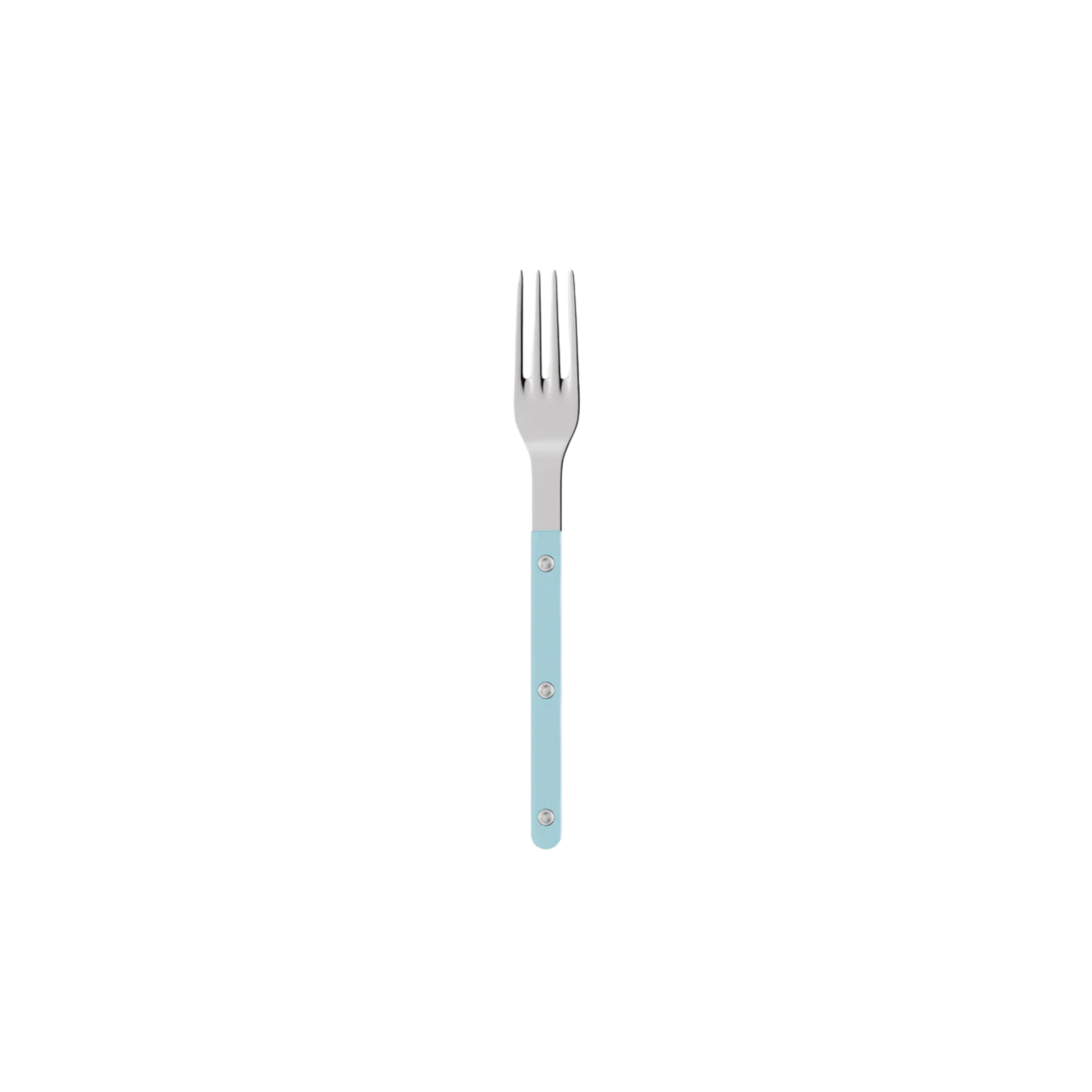 Sabre Paris Bistrot Dinner Fork Pastel blue- 22cm stainless steel fork with colorful nylon handle and visible rivets. Elegant French-inspired design combining tradition and modernity, perfect for everyday dining. Dishwasher-safe, available in gloss or vintage finishes.