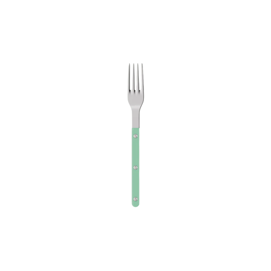 Sabre Paris Bistrot Dinner Fork 22 cm Pastel green - stainless steel and nylon café-style cutlery with visible rivets, available in gloss or vintage finish, classic yet modern fork perfect for any meal setting.