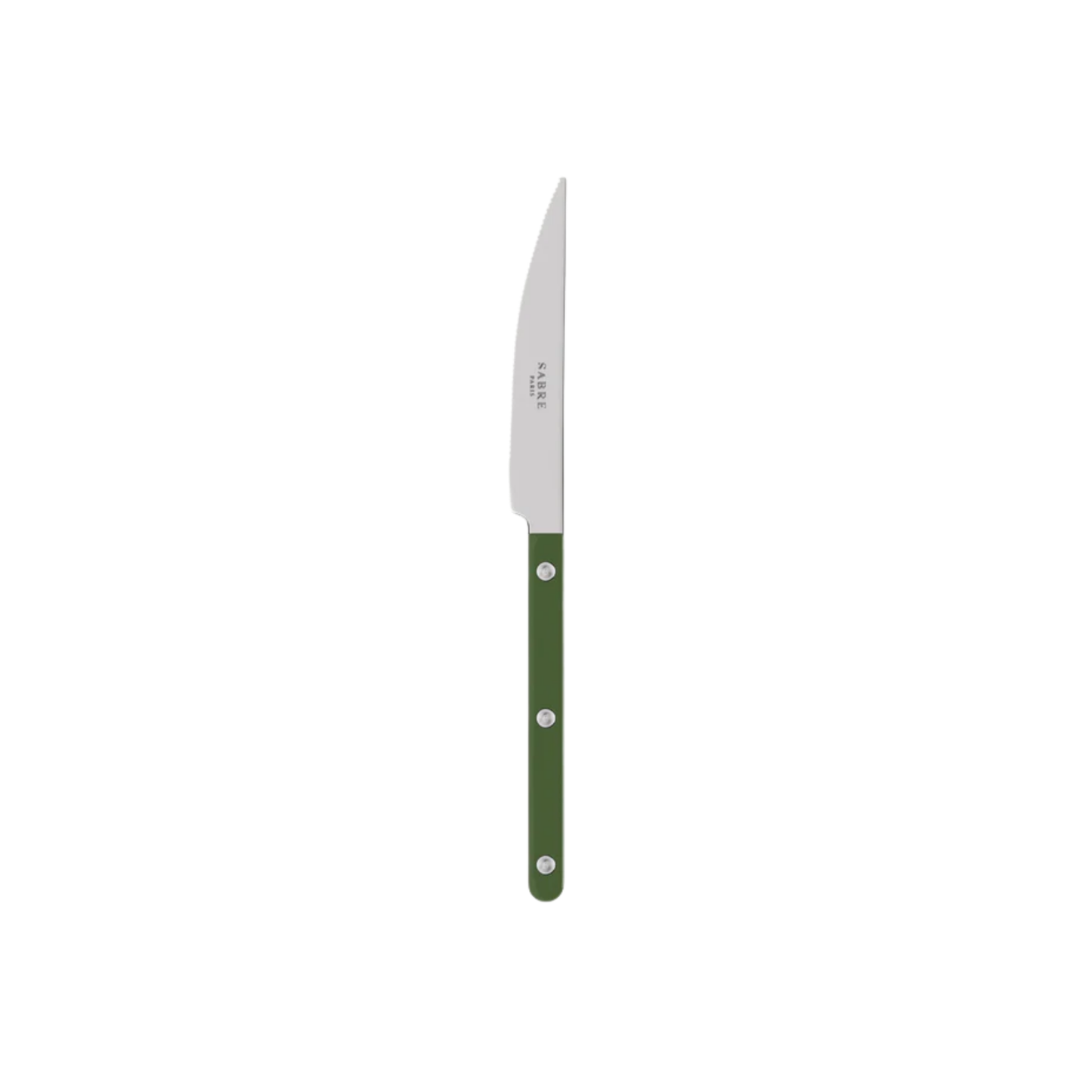 Sabre Paris Bistrot Dinner Knife Dark green - 24cm stainless steel knife with colorful nylon handle and visible rivets. Inspired by French café style, this elegant and durable knife combines traditional charm with modern flair, available in gloss or vintage finishes and dishwasher-safe.