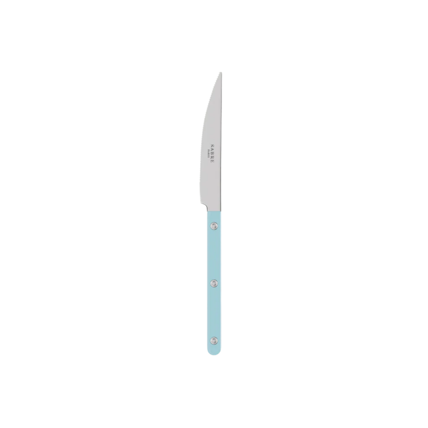Sabre Paris Bistrot Dinner Knife Pastel blue- 24cm stainless steel knife with colorful nylon handle and visible rivets. Features a sharp blade for elegant dining, inspired by classic French bistros with a modern touch. Dishwasher-safe, available in gloss or vintage finishes.
