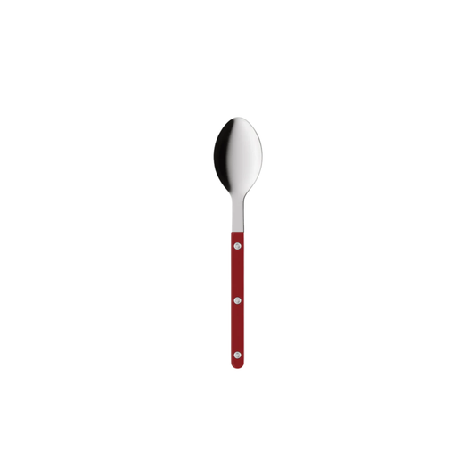 Sabre Paris Bistrot Soup Spoon Burgundy - 22cm stainless steel spoon with colorful nylon handle and visible rivets. Inspired by French cafés, this large, elegant, and durable soup spoon comes in gloss or vintage finishes and is dishwasher-safe.