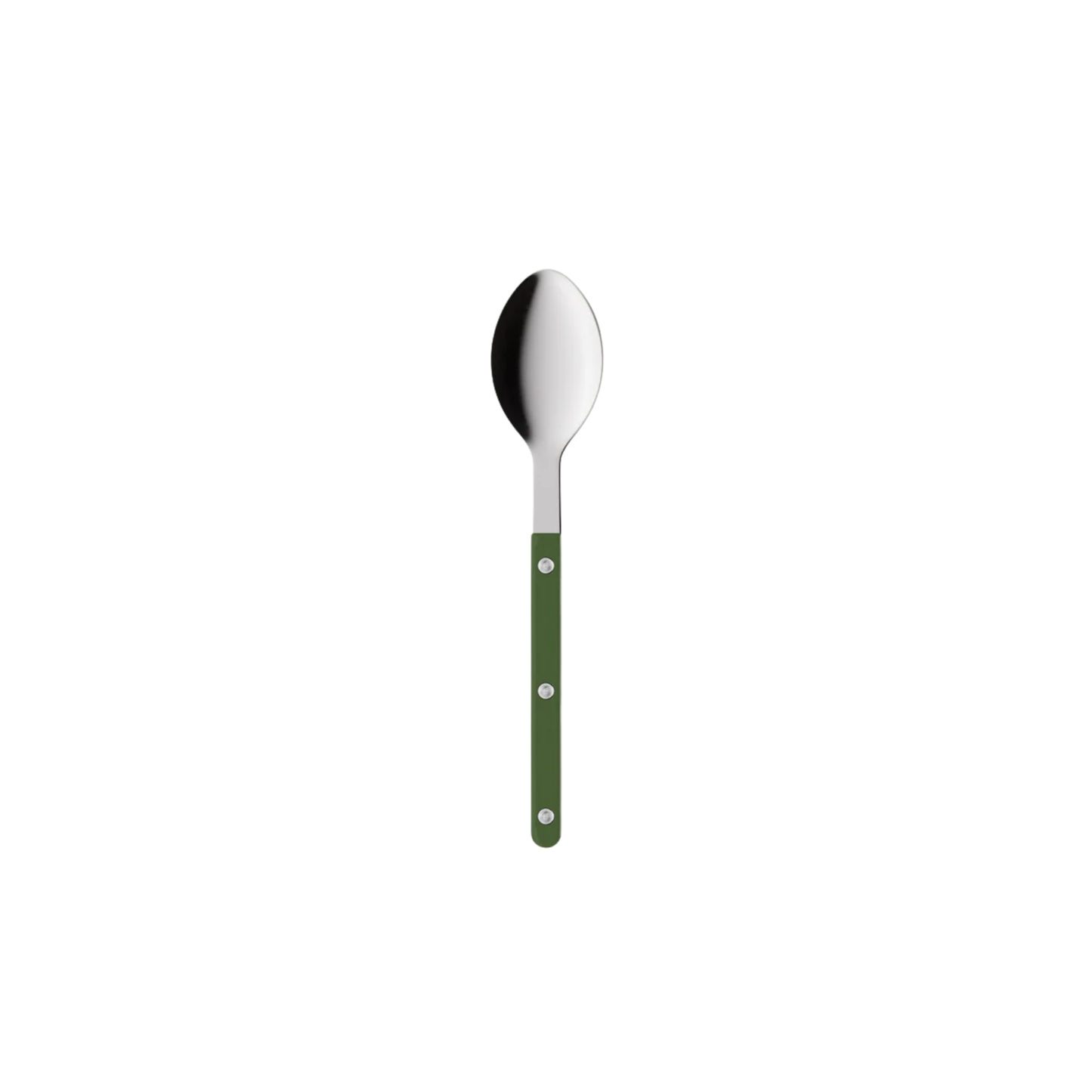 Sabre Paris Bistrot Soup Spoon Dark green- 22cm stainless steel spoon with colorful nylon handle and visible rivets. Inspired by French cafés, this elegant and durable soup spoon blends classic charm with modern design, available in gloss or vintage finishes and dishwasher-safe.