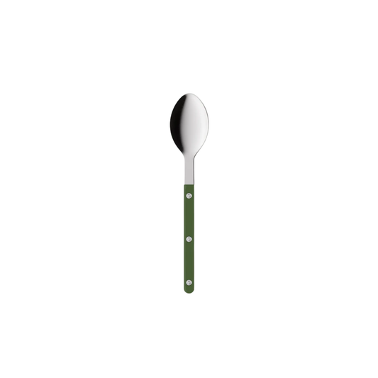 Sabre Paris Bistrot Soup Spoon Dark green- 22cm stainless steel spoon with colorful nylon handle and visible rivets. Inspired by French cafés, this elegant and durable soup spoon blends classic charm with modern design, available in gloss or vintage finishes and dishwasher-safe.