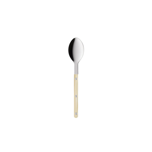 Sabre Paris Bistrot Soup Spoon - Elegant 22cm stainless steel soup spoon with an acrylic handle featuring visible rivets and café-inspired charm. Combines traditional French bistro style with a modern touch, dishwasher-safe at 113°F, ideal for soups and small vegetable dishes.