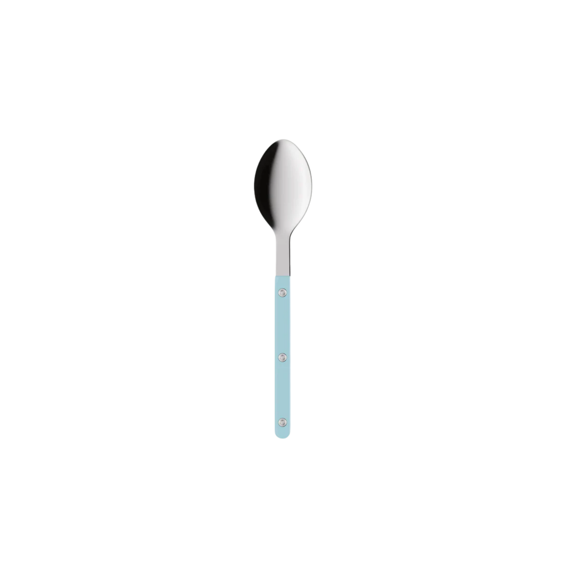Sabre Paris Bistrot Soup Spoon Pastel blue- 22cm stainless steel soup spoon with colorful nylon handle and visible rivets. Designed with a generous bowl for soups or vegetables, blending bistro tradition with a modern finish. Dishwasher-safe with gloss or vintage options.