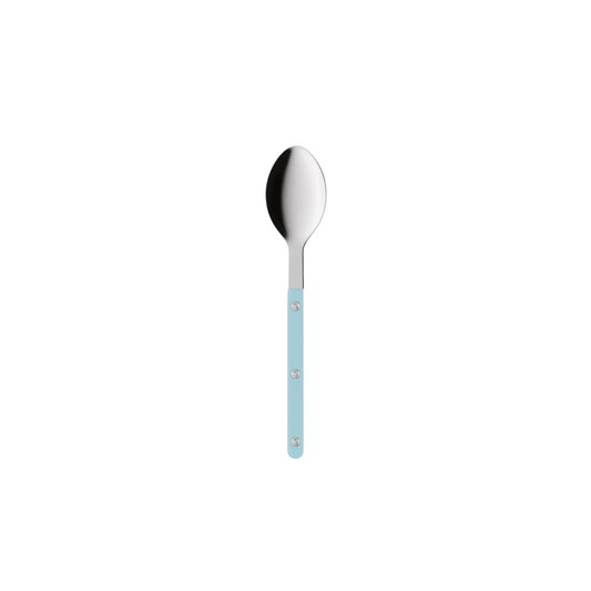 Sabre Paris Bistrot Soup Spoon Pastel blue- 22cm stainless steel soup spoon with colorful nylon handle and visible rivets. Designed with a generous bowl for soups or vegetables, blending bistro tradition with a modern finish. Dishwasher-safe with gloss or vintage options.