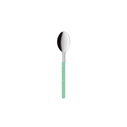 Sabre Paris Bistrot Soup Spoon 22 cm Pastel green - stainless steel and nylon café-style cutlery with visible rivets, available in gloss or vintage finish, elegant design for soups and small dishes.