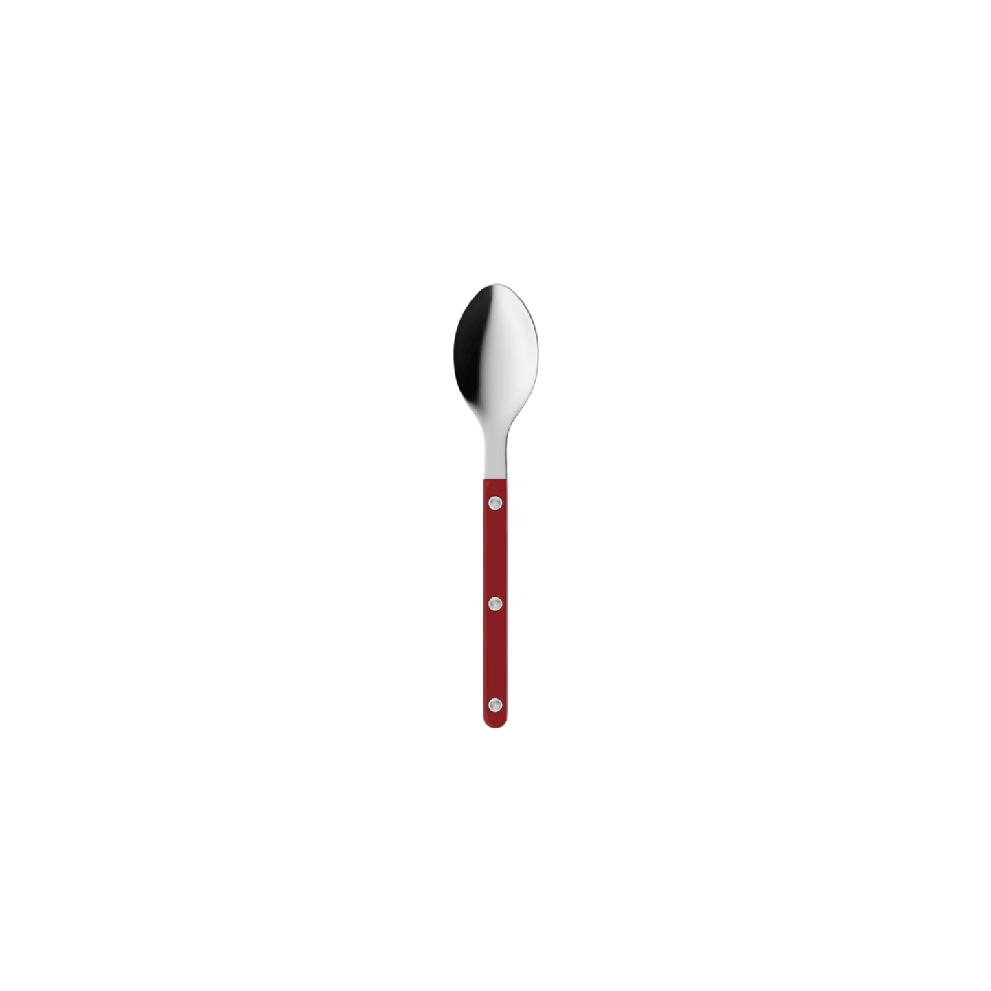 Sabre Paris Bistrot Teaspoon Burgundy - 16cm stainless steel spoon with colorful nylon handle and visible rivets. Inspired by classic French cafés, this elegant and durable teaspoon is dishwasher-safe and available in gloss or vintage finishes.