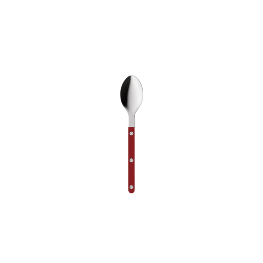 Sabre Paris Bistrot Teaspoon Burgundy - 16cm stainless steel spoon with colorful nylon handle and visible rivets. Inspired by classic French cafés, this elegant and durable teaspoon is dishwasher-safe and available in gloss or vintage finishes.
