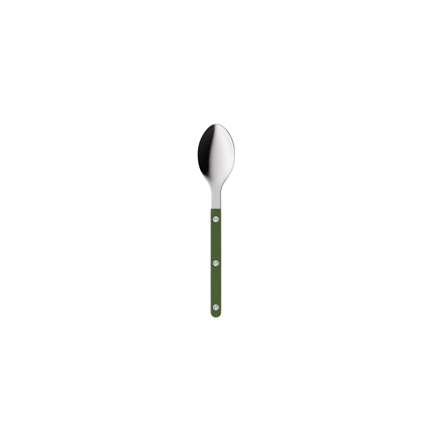 Sabre Paris Bistrot Teaspoon Dark green - 16cm stainless steel teaspoon with colorful nylon handle and visible rivets. Inspired by French cafés, this elegant and durable spoon offers a blend of tradition and modern style, available in gloss or vintage finishes and dishwasher-safe.