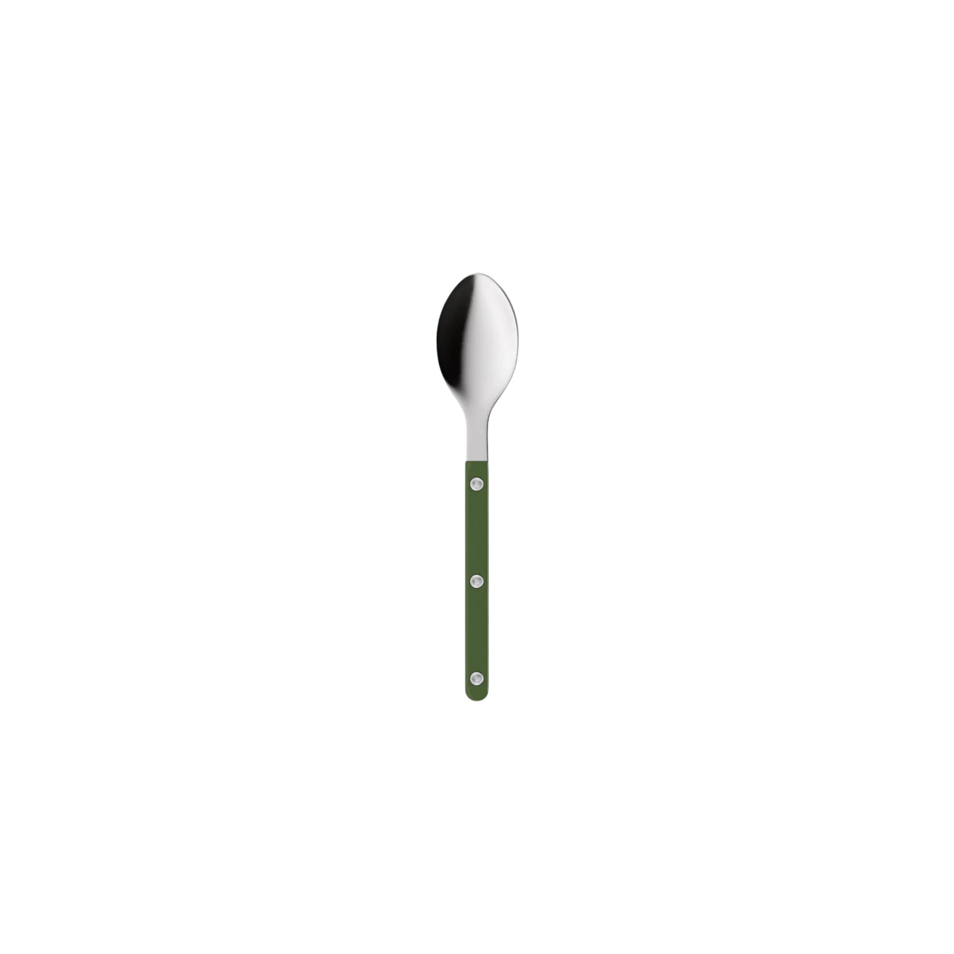 Sabre Paris Bistrot Teaspoon Dark green - 16cm stainless steel teaspoon with colorful nylon handle and visible rivets. Inspired by French cafés, this elegant and durable spoon offers a blend of tradition and modern style, available in gloss or vintage finishes and dishwasher-safe.