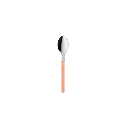 Sabre Paris Bistrot Teaspoon nude pink- 16cm stainless steel teaspoon with durable nylon handle and riveted bistro design. Elegant, dishwasher-safe cutlery blending traditional charm with modern style.