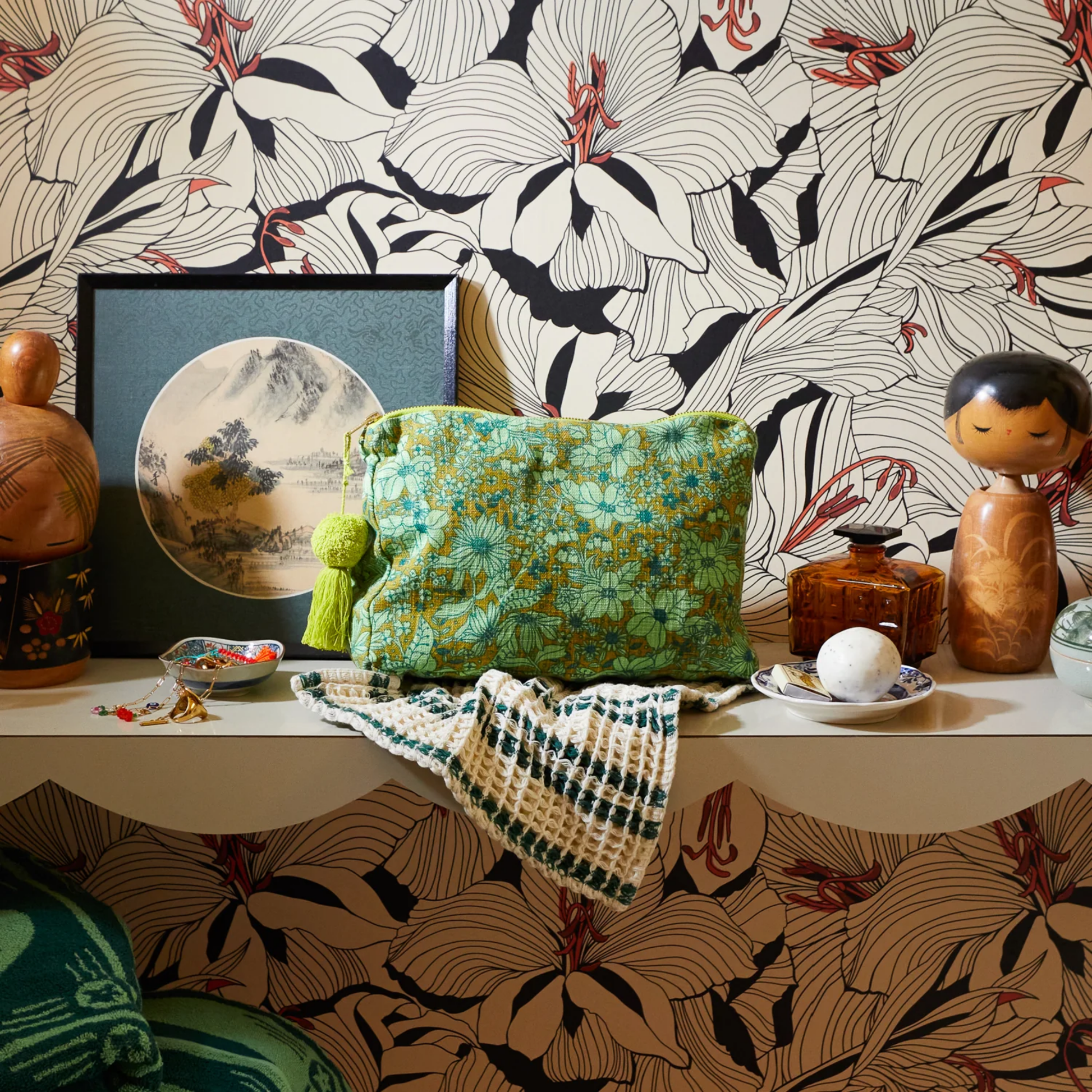 Shown in bathroom vanity setting Sage and Clare organic cotton cosmetic bag Evette with wide zip opening, tassel detail, and water-resistant lining - perfect for travel and daily essentials.