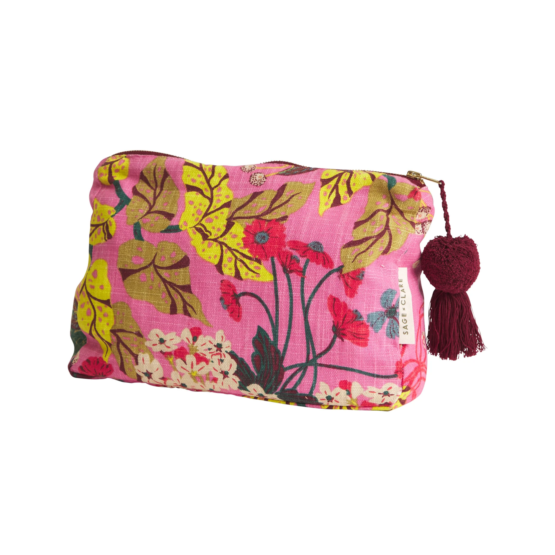Sage and Clare organic cotton cosmetic bag Genevieve with wide zip opening, playful tassel, and water-resistant lining. Spacious, stylish, and perfect for beauty essentials.