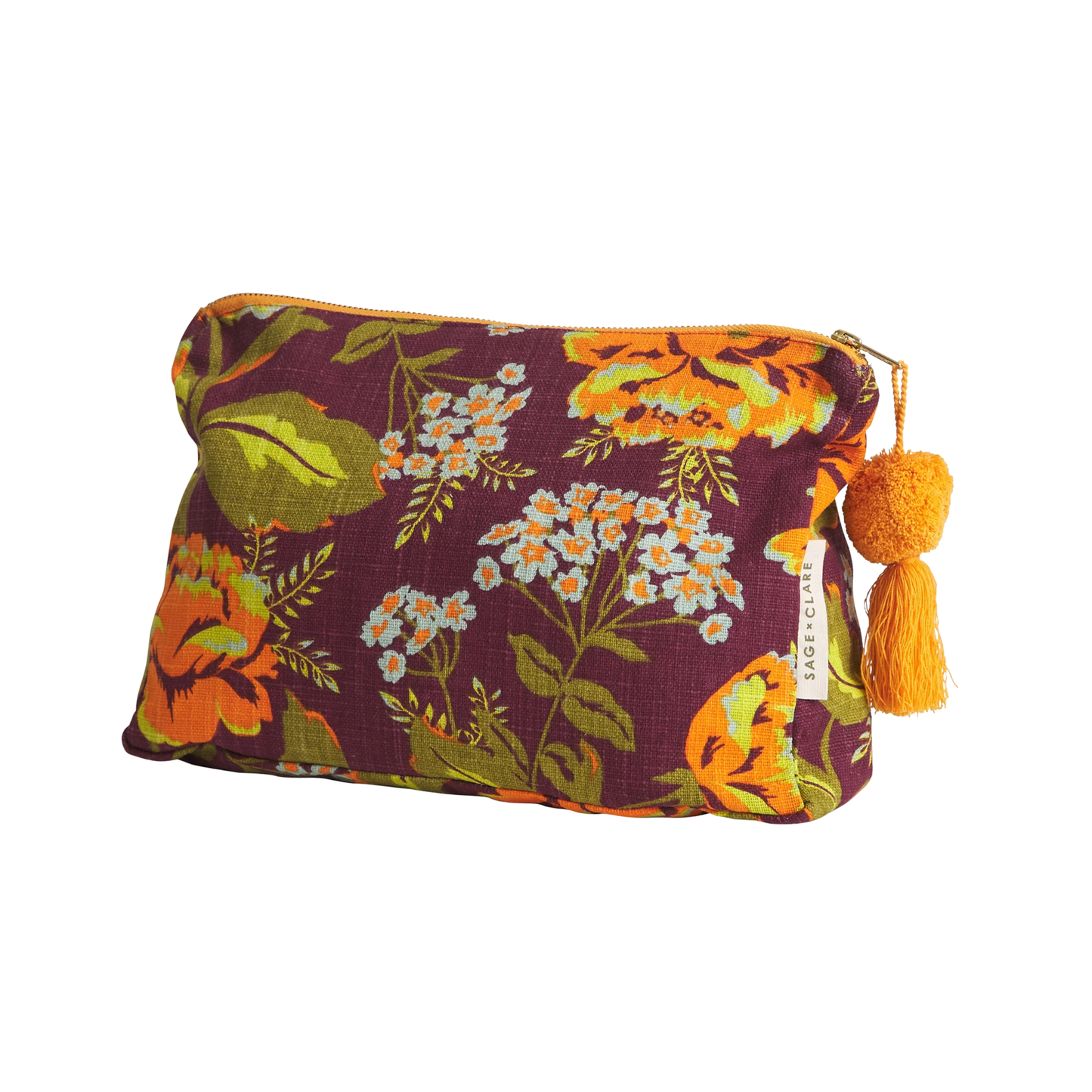 Sage and Clare organic cotton cosmetic bag Margot with wide zip opening, tassel detail, and water-resistant lining - ideal for travel beauty essentials.