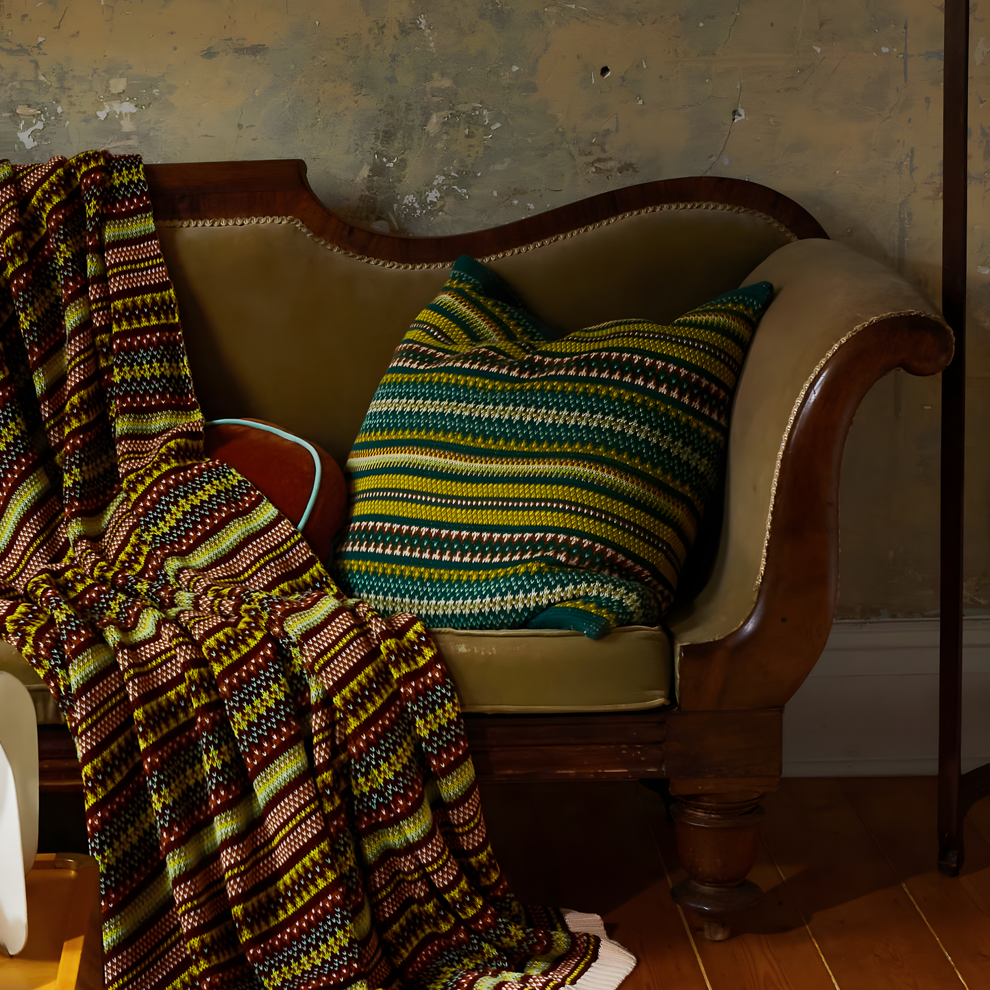 Shown in a couch, Sage & Clare Arlette Knit Cushion in Forest, a cotton Fair Isle knitted 65×65cm decorative throw pillow with soft premium insert, textured pattern, and cosy living room or bedroom decor style.