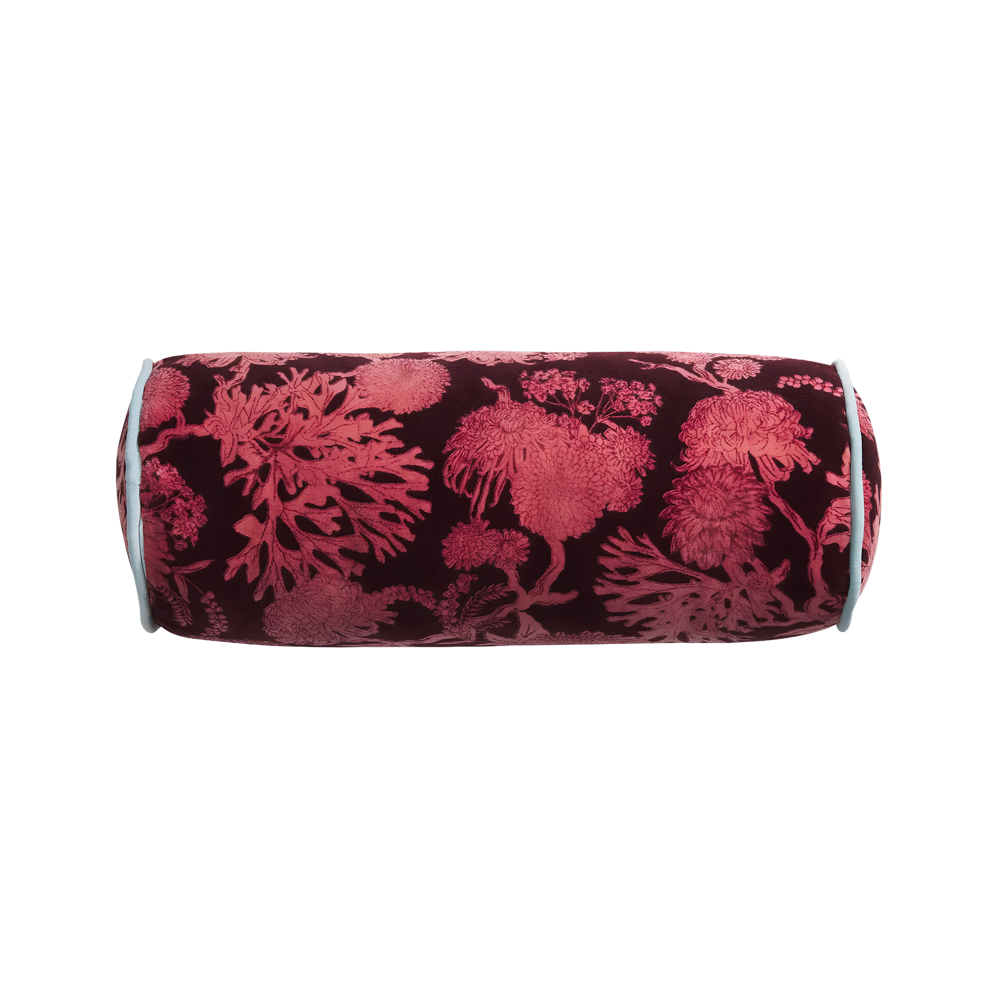 Side view of the Sage & Clare Cushion Bolster Velvet Delphine that has a soft touch, piping edges and high quality insert.