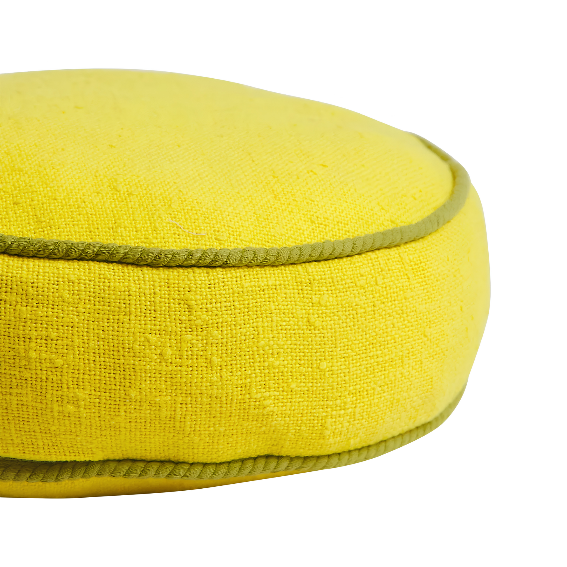 Side view and close up on the cord piping of the Sage & Clare Cushion Dana Round Medallion made from cotton in block colours, with contrasting cord piping and high quality insert.