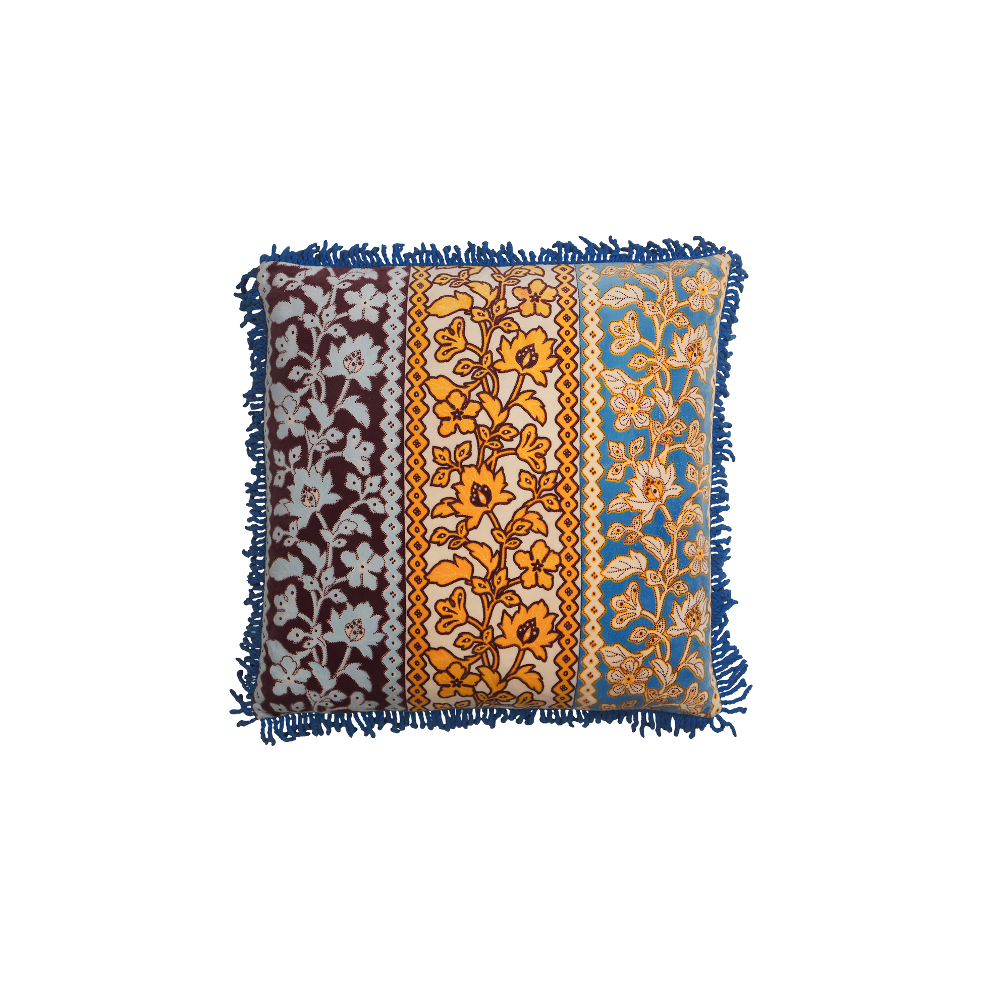 Front view of the Sage & Clare Cushion Thea Velvet Azure with plush texture, floral design, fringe edges and high quality insert.