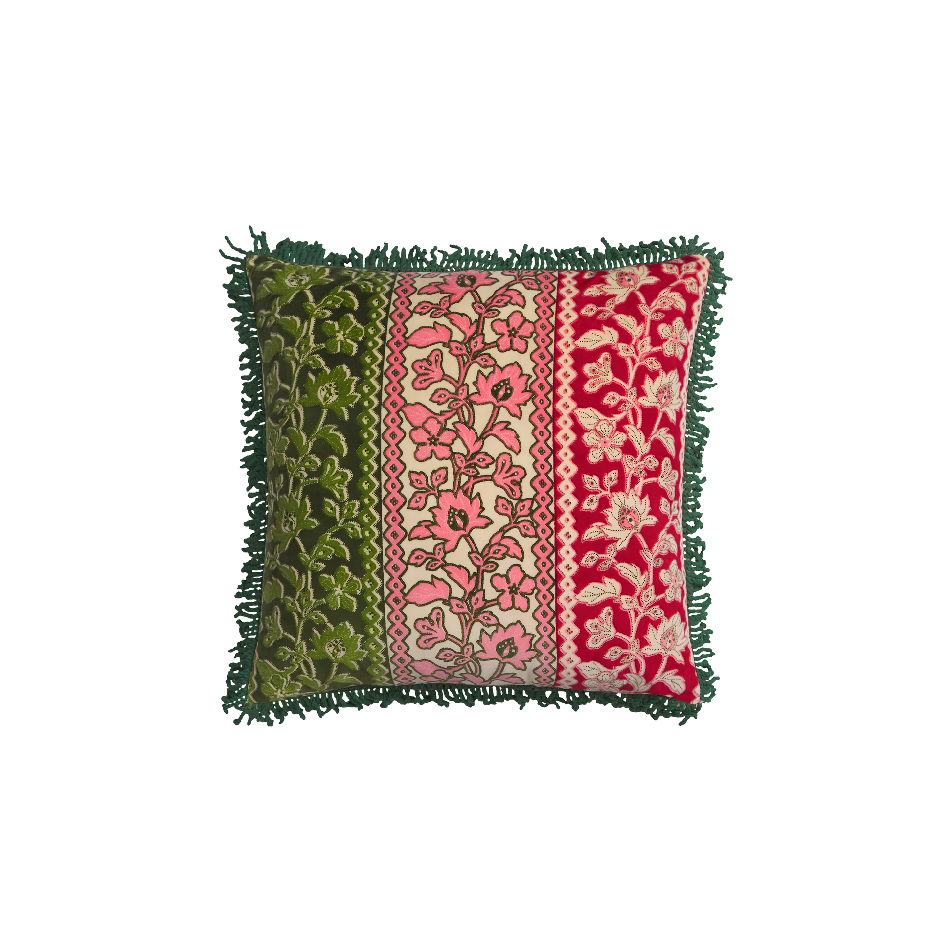 Front view of the Sage & Clare Cushion Thea Velvet Kelp with plush texture, floral design, fringe edges and high quality insert.