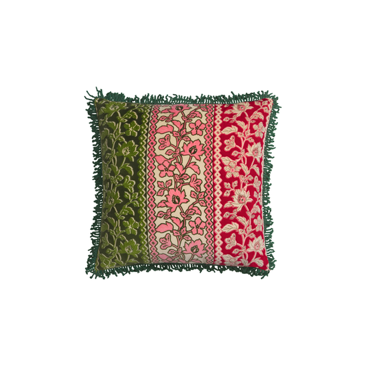 Front view of the Sage & Clare Cushion Thea Velvet Kelp with plush texture, floral design, fringe edges and high quality insert.