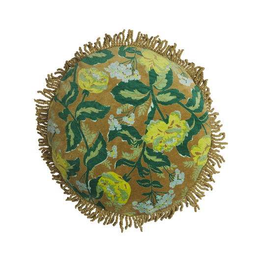 Sage x Clare Velvet Margot Olive round cushion with soft cotton velvet texture and fringe edges, featuring a plush, luxurious feel and premium feather or vegan insert for ultimate comfort.