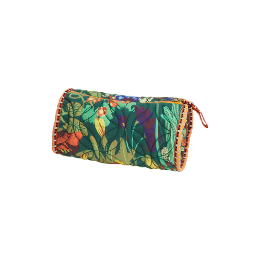 Side view of the Sage & Clare Makeup Bag Babette round and roomy with wide zip opening, lightly quilted and a compact design.
