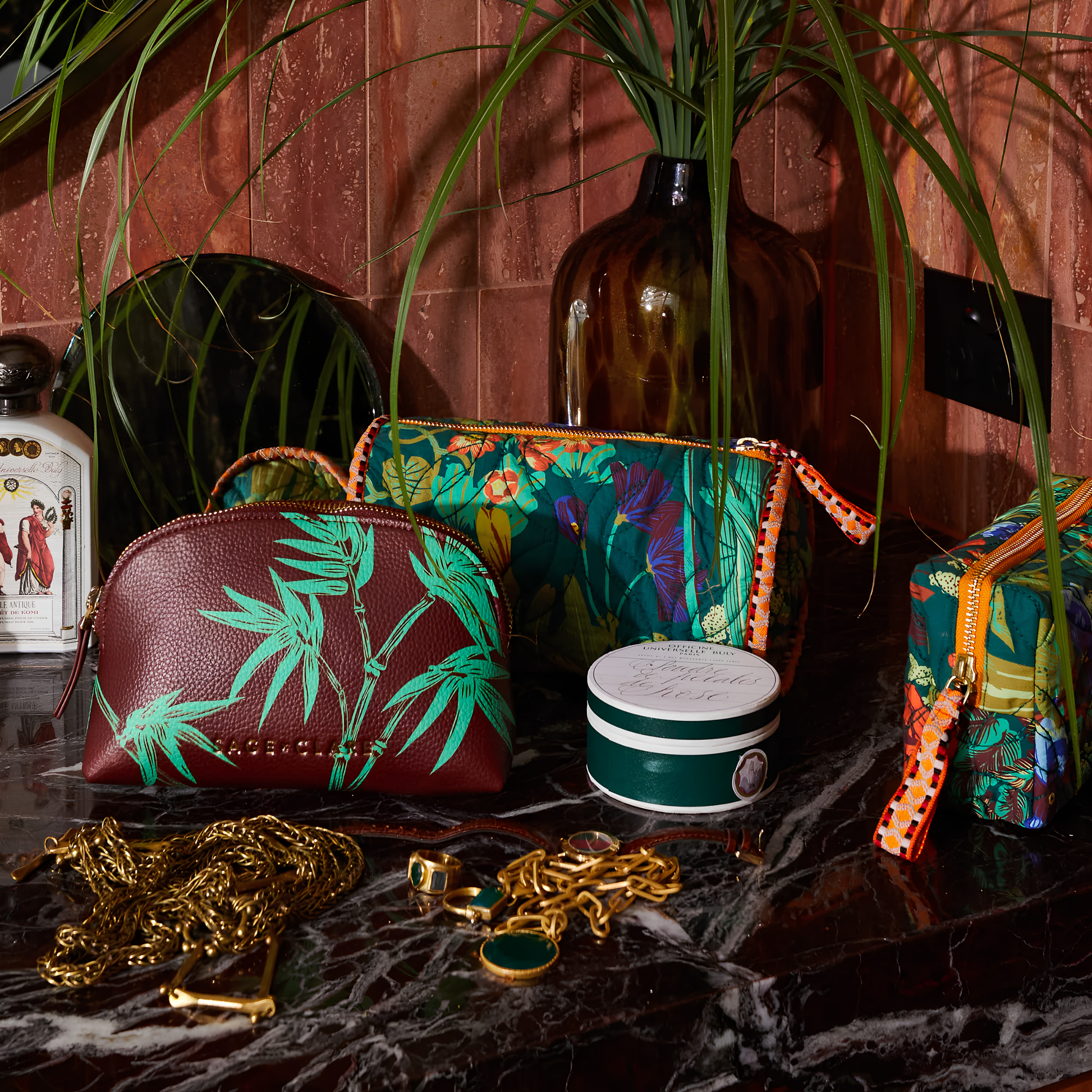 Another image for the Sage & Clare Makeup Bag Babette round and roomy with wide zip opening, lightly quilted and a compact design, seen on the vanity countertop.