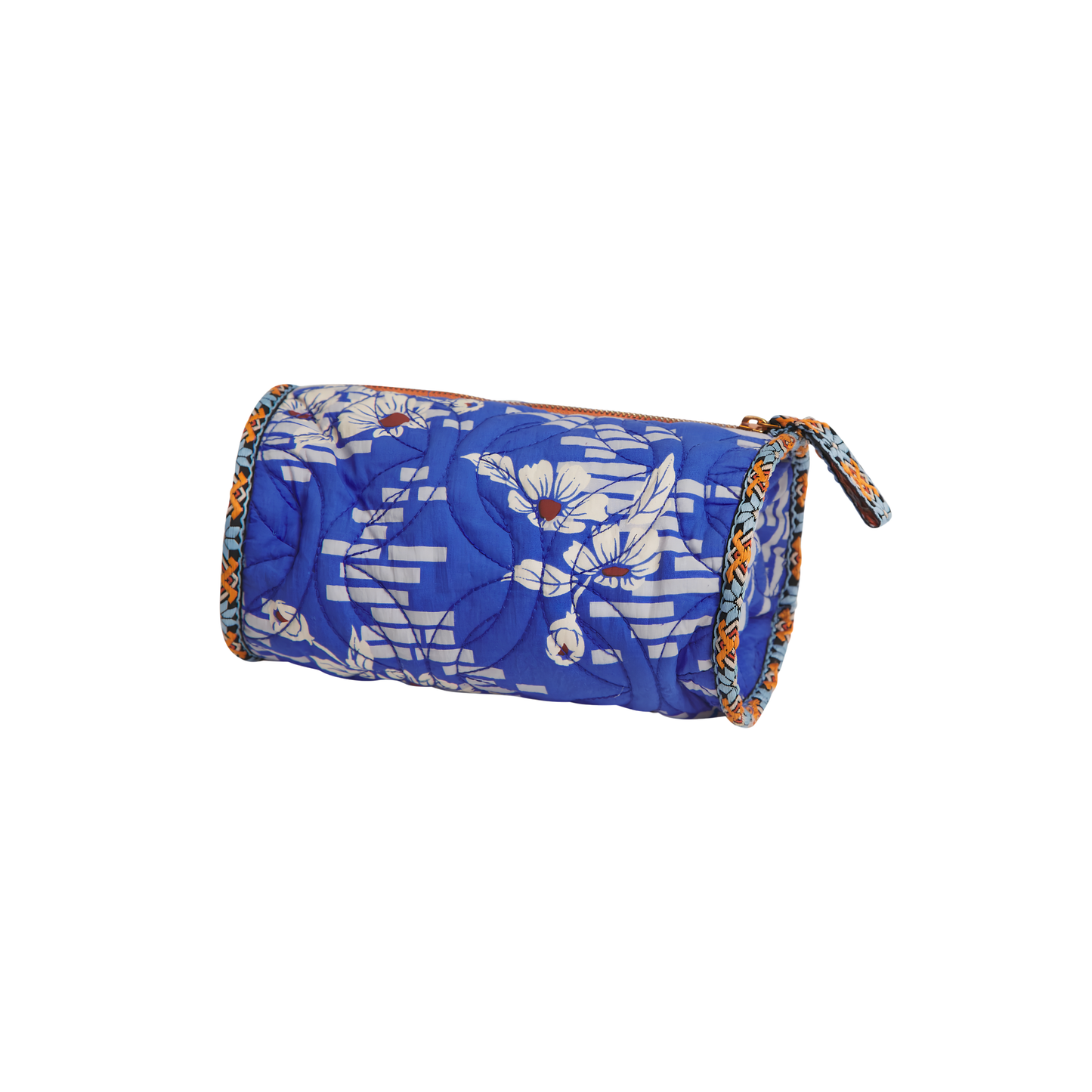 Side view of the Sage & Clare Makeup Bag Marta Ultramarine round and roomy with wide zip opening, lightly quilted and a compact design.