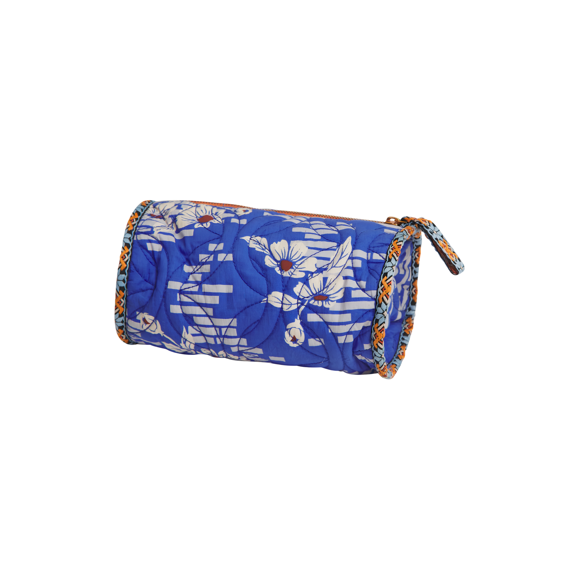 Side view of the Sage & Clare Makeup Bag Marta Ultramarine round and roomy with wide zip opening, lightly quilted and a compact design.