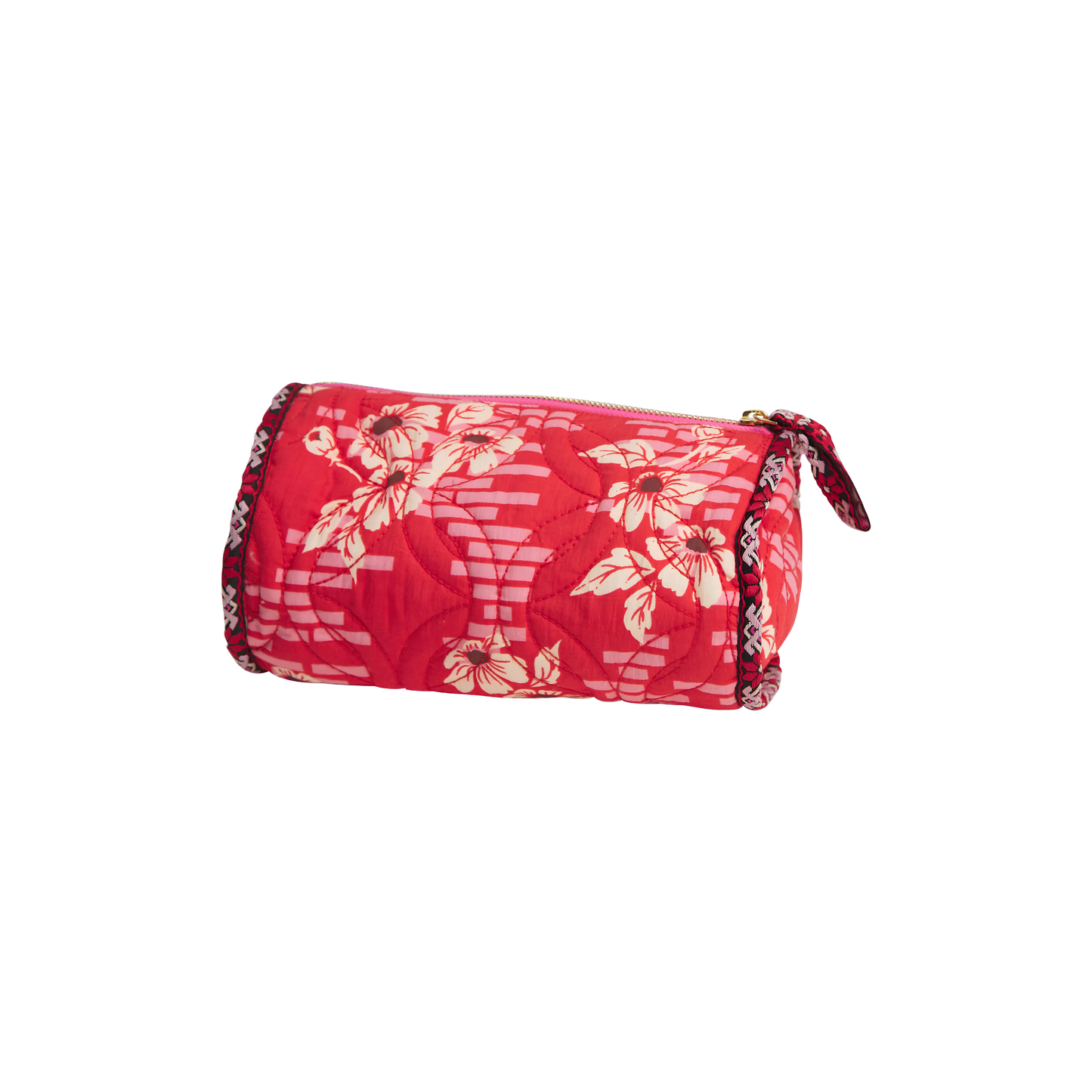 Side view of the Sage & Clare Makeup Bag Marta Vermillion round and roomy with wide zip opening, lightly quilted and a compact design.