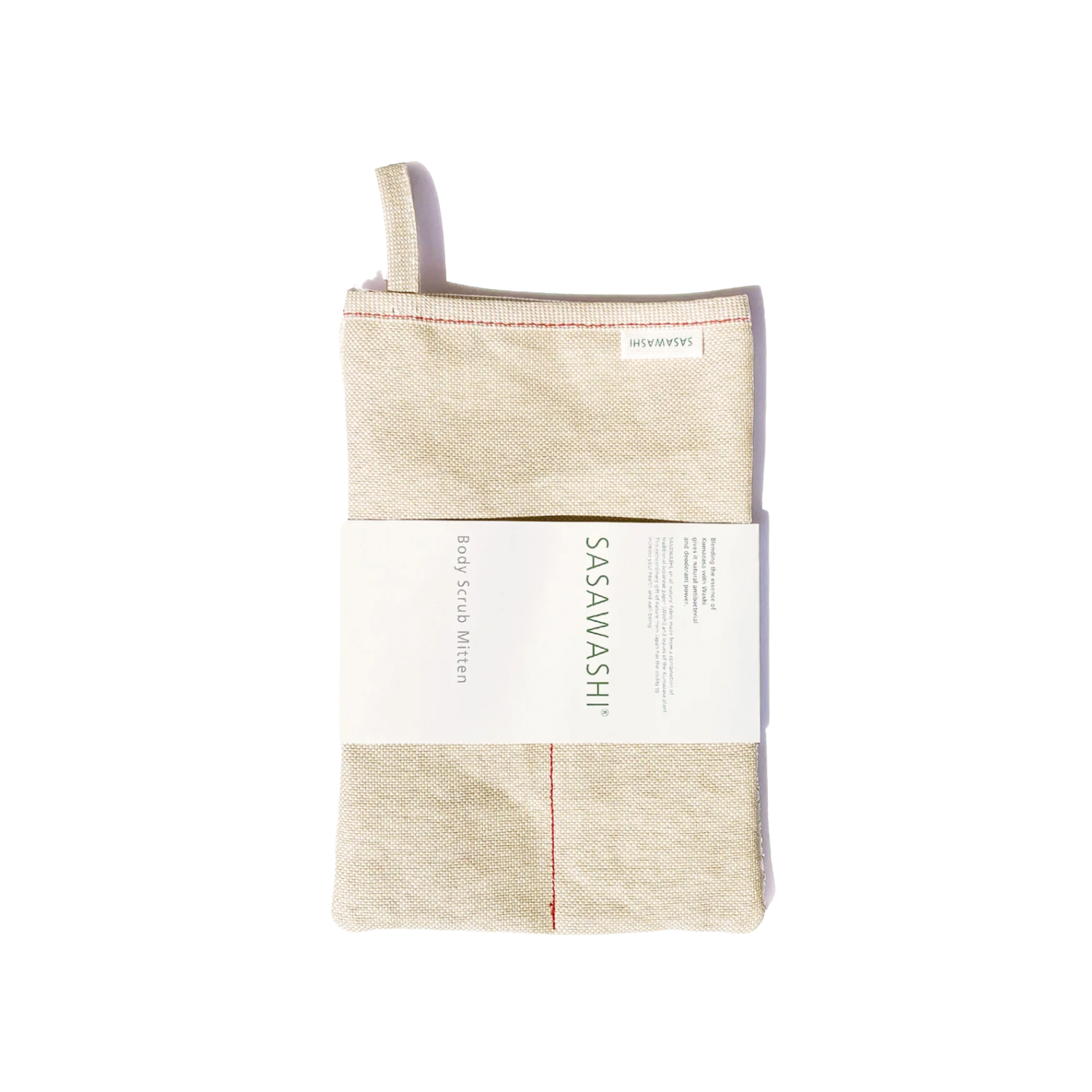 Sasawashi body scrub mitten in cardbord sleeve packaging.