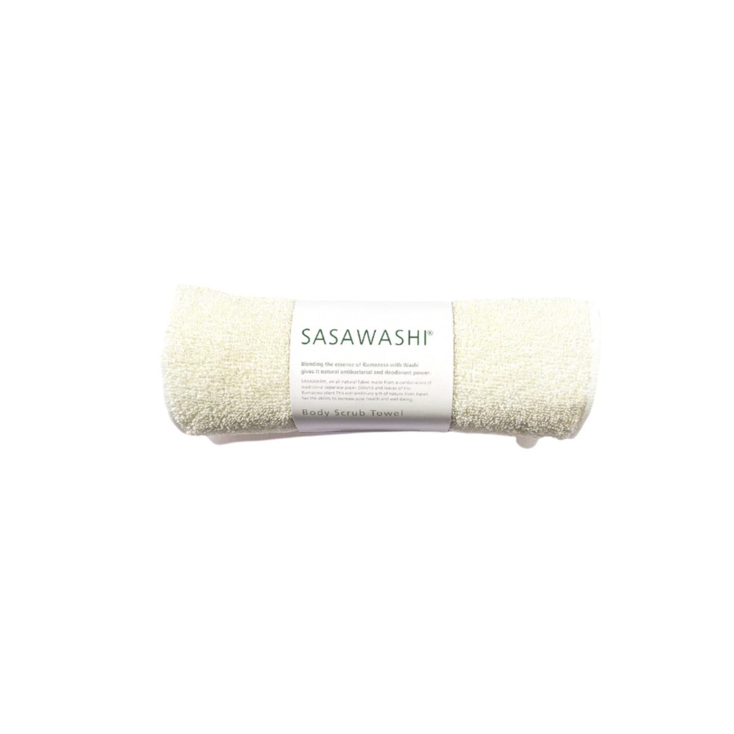 Sasawashi body scrub towel rolled up in cardbord sleeve packaging 