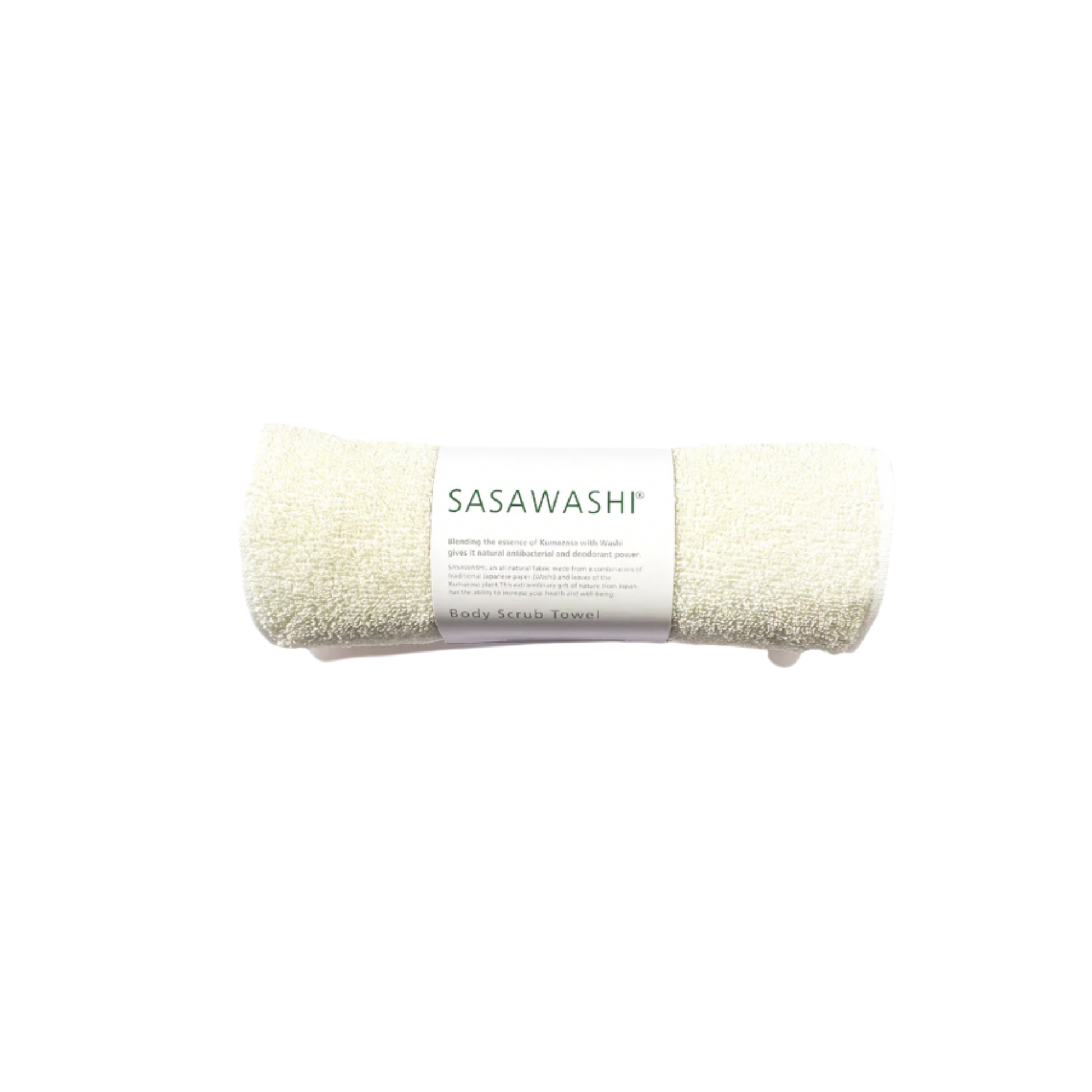Sasawashi body scrub towel rolled up in cardbord sleeve packaging 