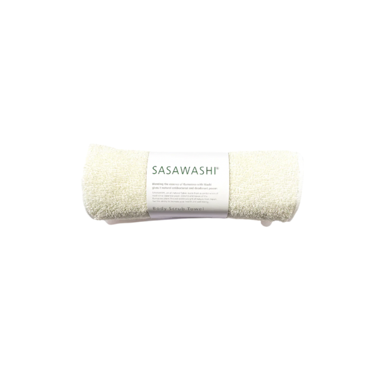 Sasawashi body scrub towel rolled up in cardbord sleeve packaging 
