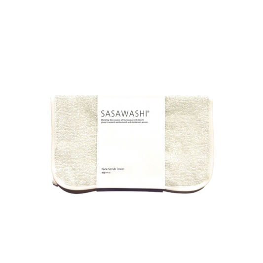 Sasawashi face scrub towel in cardbord sleeve packaging.