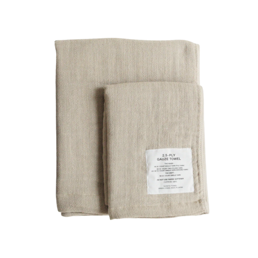 Folded Shinto 2.5 Ply Gauze Bath Towel - Beige, 100% organic cotton, large 140x88cm, soft, fast-drying, feather-light, highly absorbent, Japanese-made.