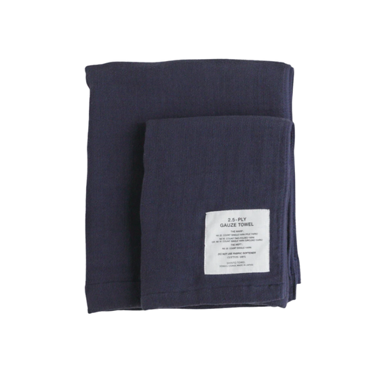 Folded Shinto 2.5 Ply Gauze Bath Towel - Navy, 100% organic cotton, large 140x88cm, soft, fast-drying, feather-light, highly absorbent, Japanese-made.