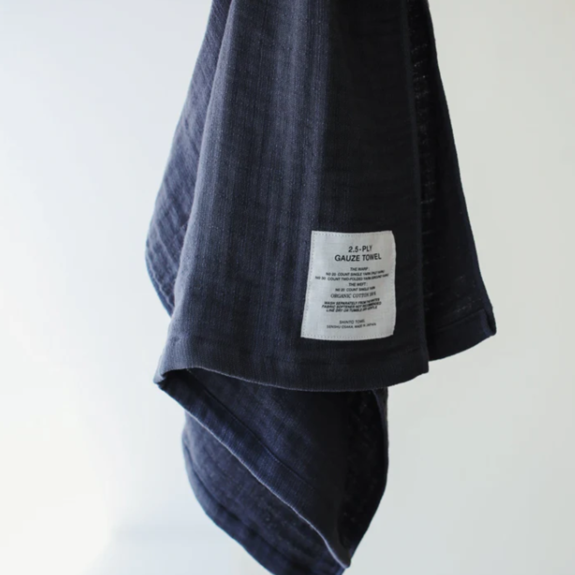 Being hung, Shinto 2.5 Ply Gauze Hand Towel - Navy, 100% organic cotton, long 115x30cm, soft, fast-drying, feather-light, highly absorbent, Japanese-made.