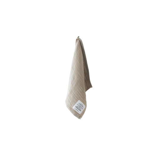 Shinto 2.5-Ply Gauze Wash Cloth Beige hung - organic cotton towel, 30x34cm, lightweight and highly absorbent with soft layered weave for gentle, quick-drying comfort, made in Japan.