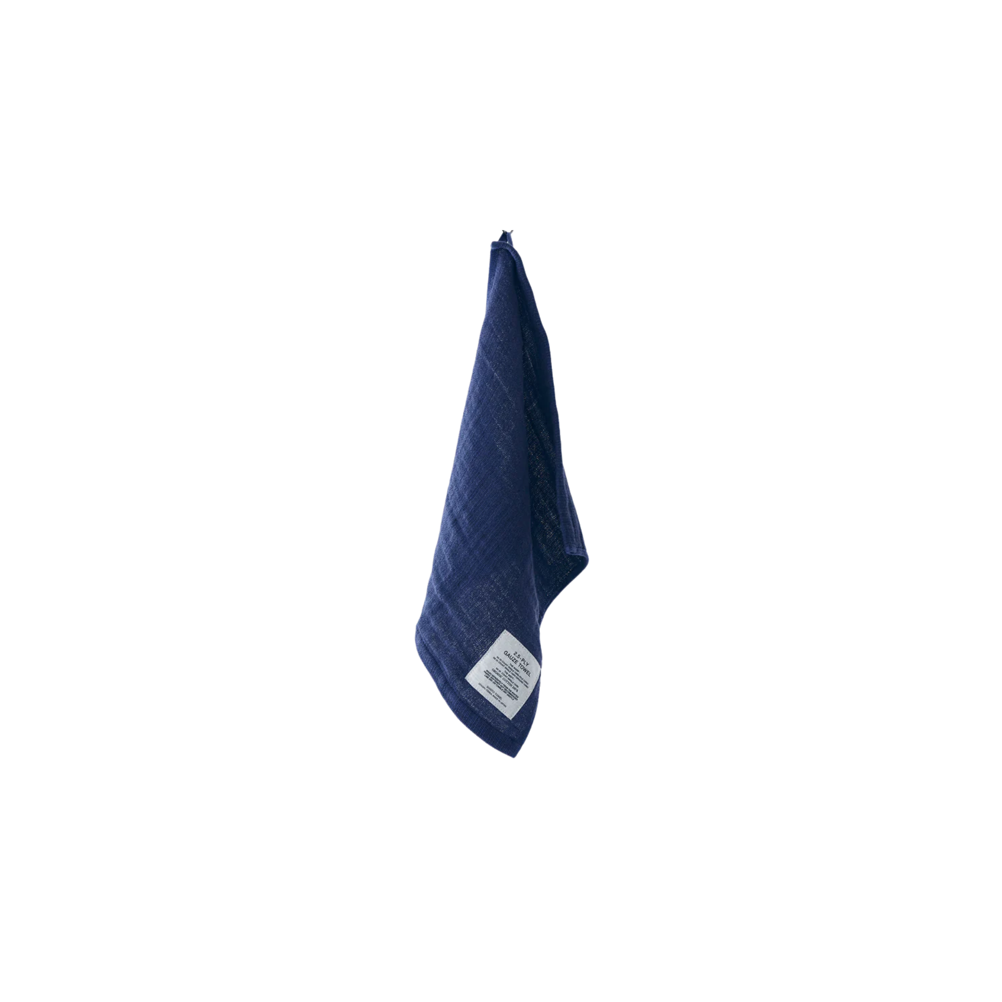 Shown hung Shinto 2.5-Ply Gauze Wash Cloth - Navy organic cotton towel, 30x34cm, lightweight and highly absorbent with soft layered weave for gentle, quick-drying comfort, made in Japan.