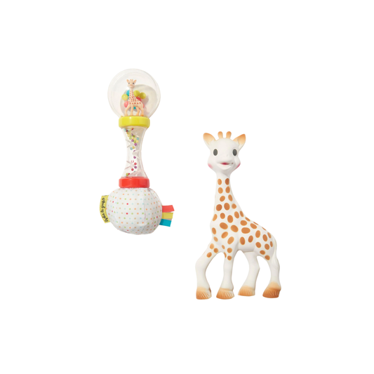 Sophie La Girafe maracas set front view of girafe toy and rattle 