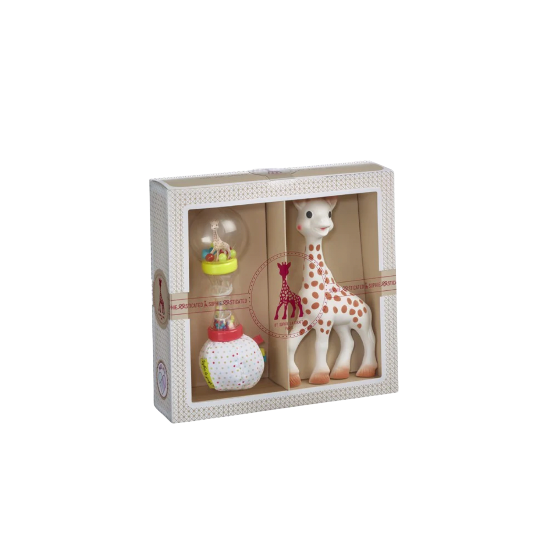 Sophie La Girafe maracas set in packaging box angled front view
