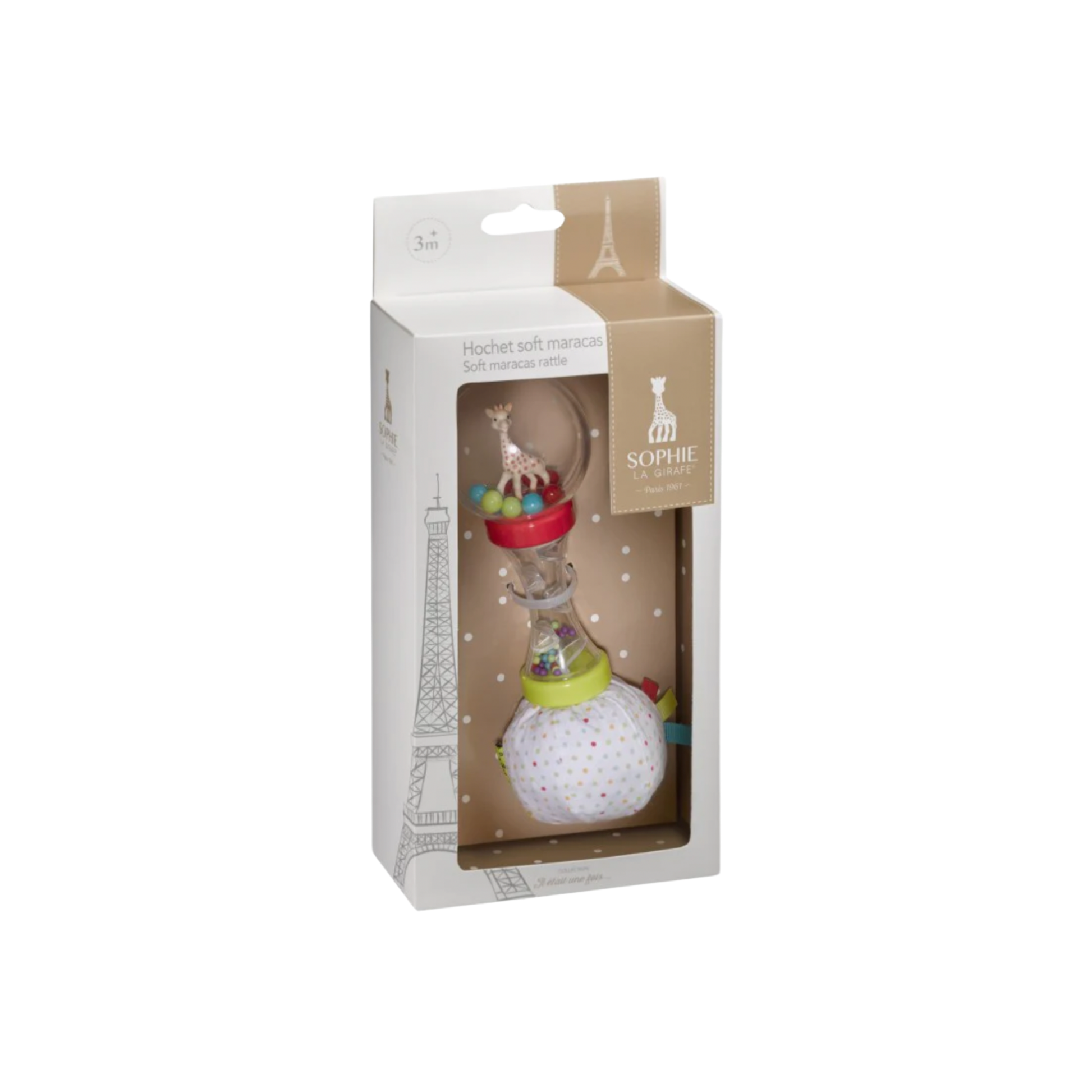 Sophie La Girafe maracus rattle in packaging box angled front view
