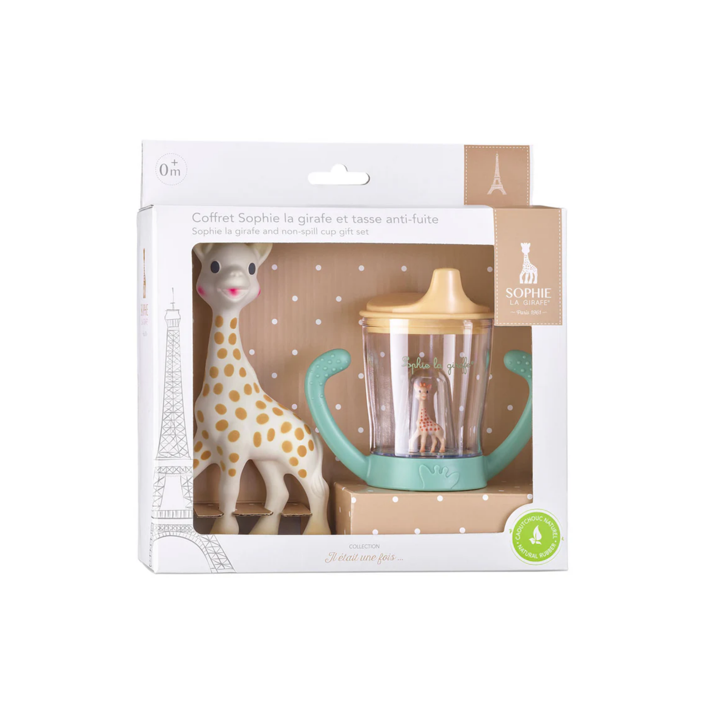 Sophie La Girafe Non-Spill Cup Gift Set - BPA-free baby training cup made from durable ABS plastic - 180ml capacity with ergonomic spout and non-spill valve for smooth bottle-to-cup transition - Includes hygienic lid and easy-grip handles for babies - Iconic Sophie la girafe® design to stimulate senses and support independent drinking