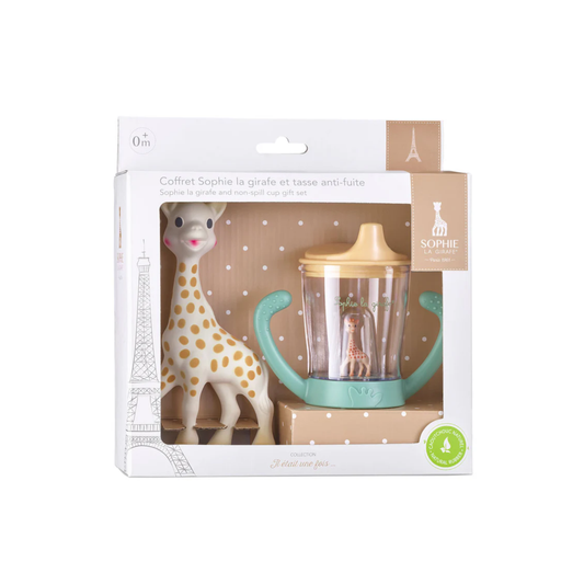 Sophie La Girafe Non-Spill Cup Gift Set - BPA-free baby training cup made from durable ABS plastic - 180ml capacity with ergonomic spout and non-spill valve for smooth bottle-to-cup transition - Includes hygienic lid and easy-grip handles for babies - Iconic Sophie la girafe® design to stimulate senses and support independent drinking