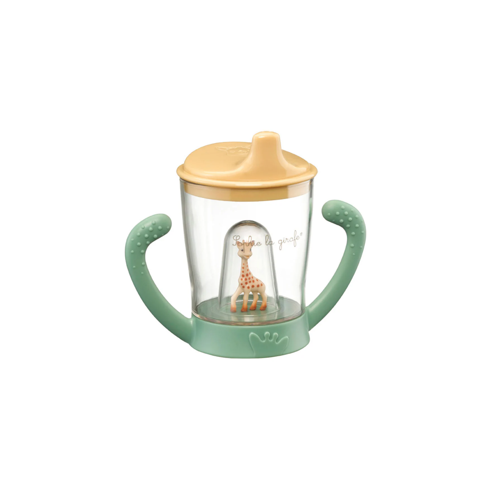Bottle from Sophie La Girafe Non-Spill Cup Gift Set - BPA-free baby training cup made from durable ABS plastic - 180ml capacity with ergonomic spout and non-spill valve for smooth bottle-to-cup transition - Includes hygienic lid and easy-grip handles for babies - Iconic Sophie la girafe® design to stimulate senses and support independent drinking