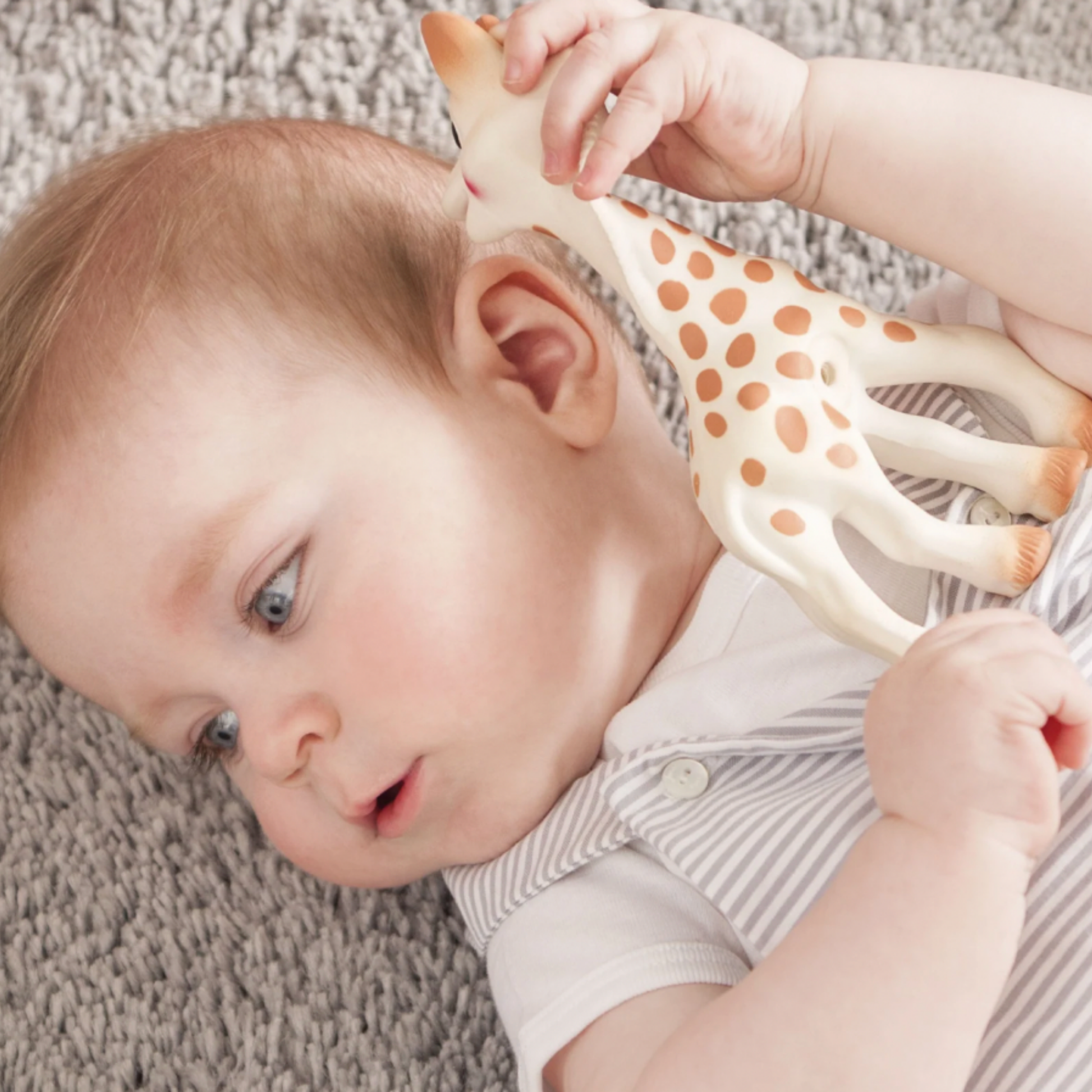 Baby playing with Sophie La Girafe lying on carpet with toy in hand