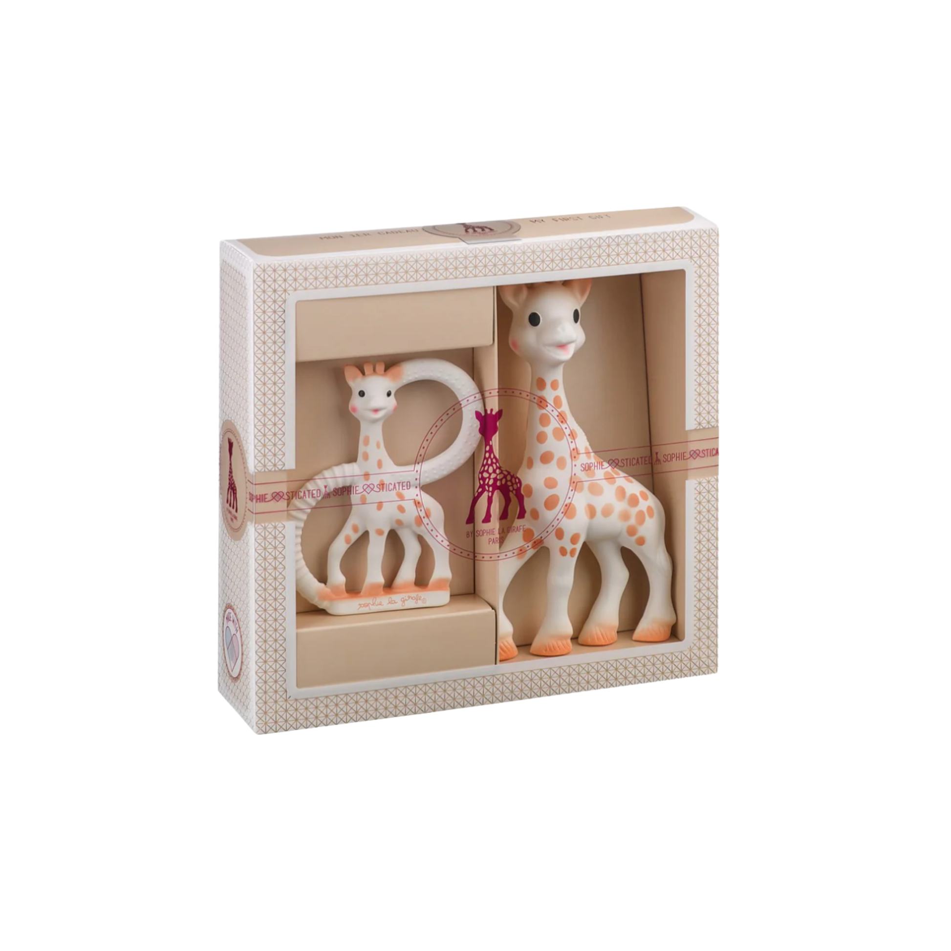 Sophie La Girafe teething set in packaging front view with girafe and teething ring